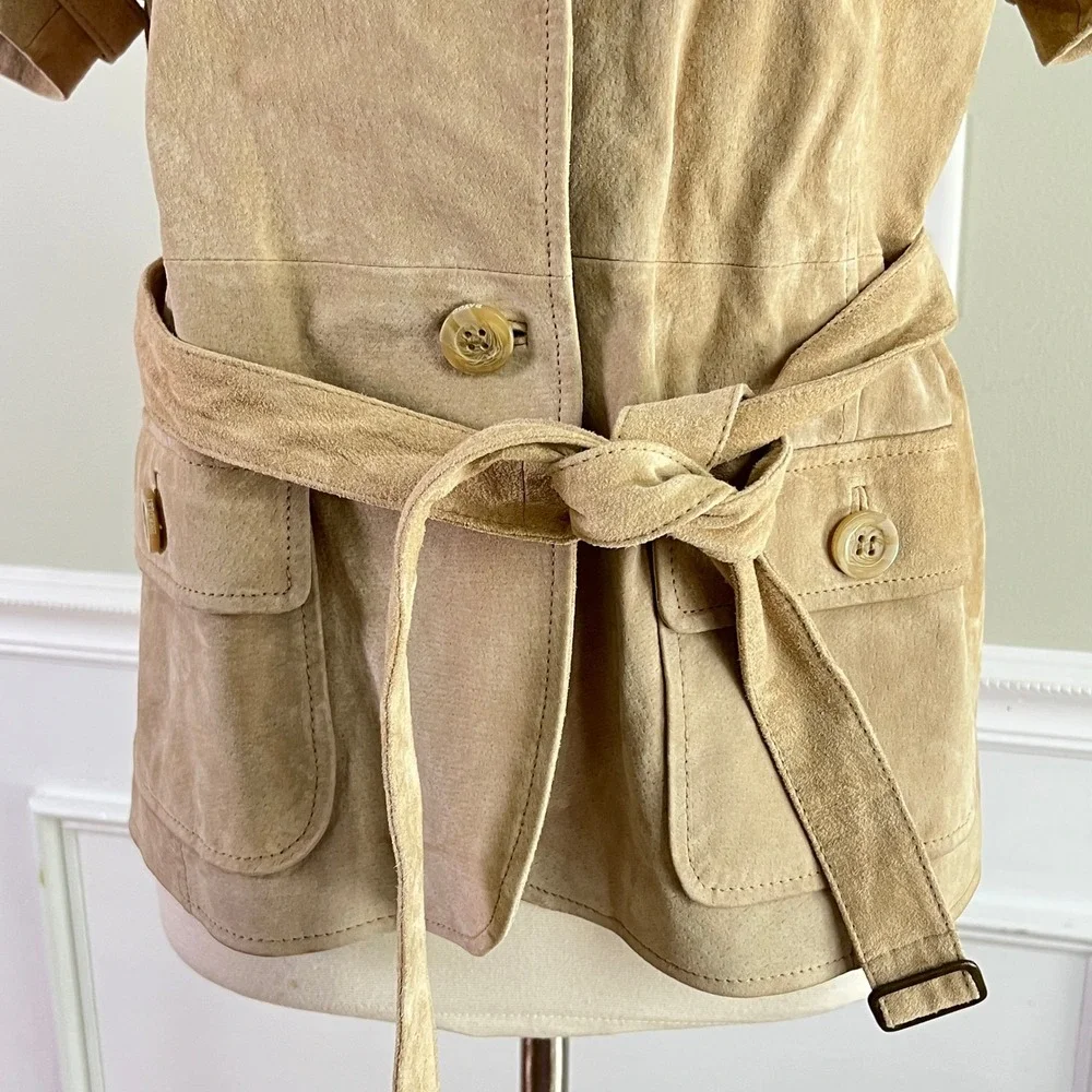 Bradley Suede Safari Jacket Women Short Sleeve Belted Tan Retro Western Boho